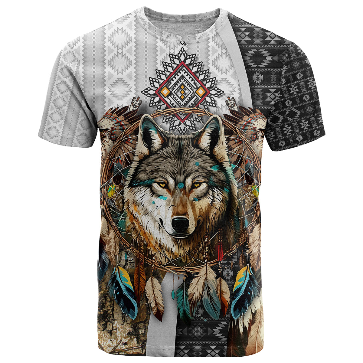 Native American Wolf Dreamcatcher with Eagles Feathers T-Shirt Graphic Tee