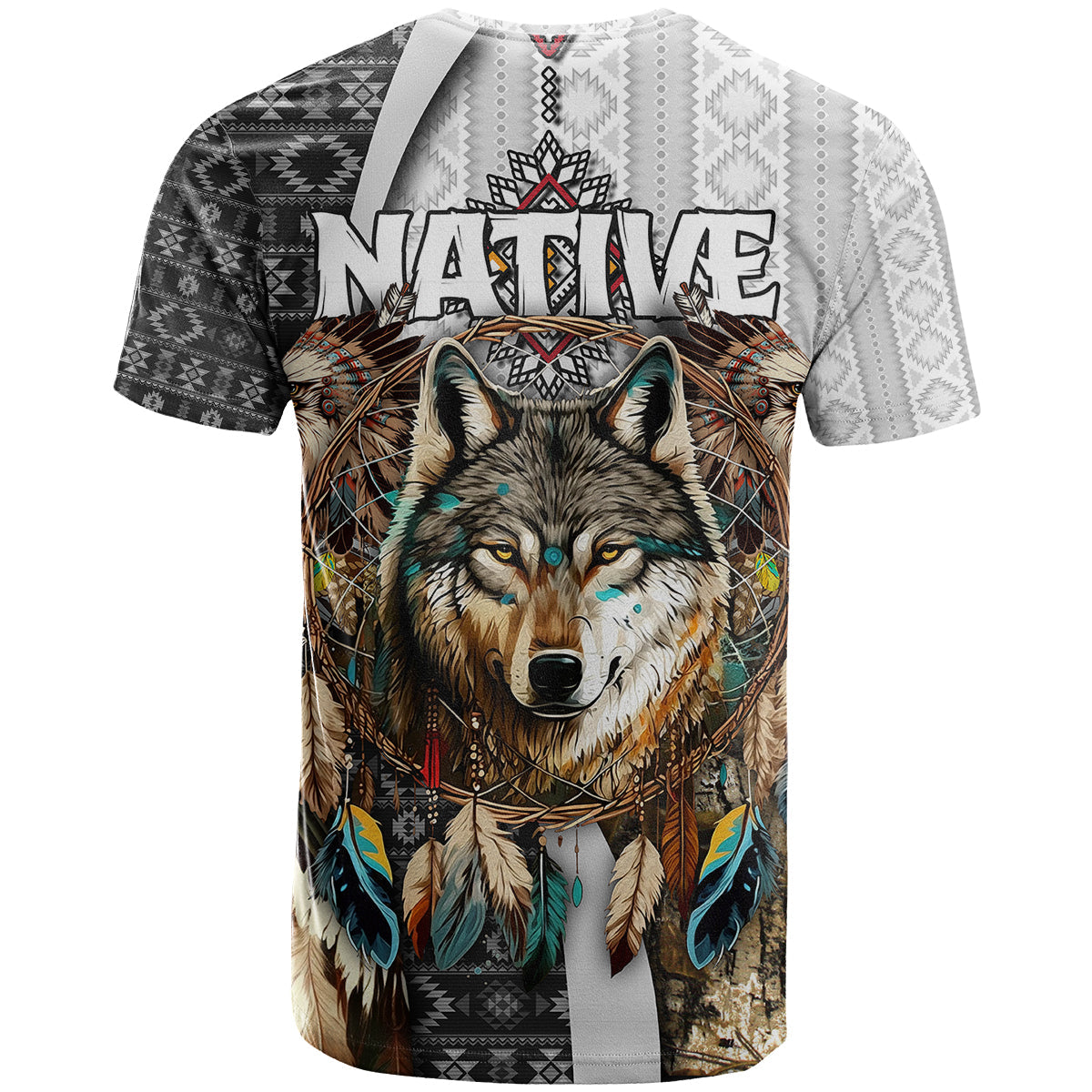 Native American Wolf Dreamcatcher with Eagles Feathers T-Shirt Graphic Tee
