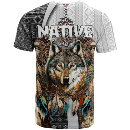 Native American Wolf Dreamcatcher with Eagles Feathers T-Shirt Graphic Tee