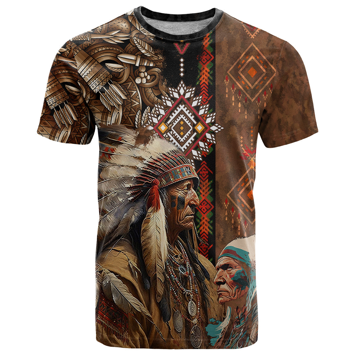 Native American Chiefs Headdress Warrior With Eagle Wolves T-Shirt Graphic Tee
