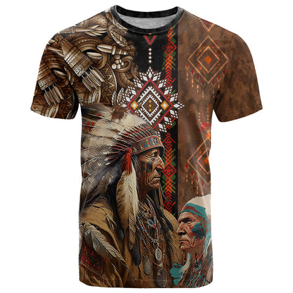 Native American Chiefs Headdress Warrior With Eagle Wolves T-Shirt Graphic Tee
