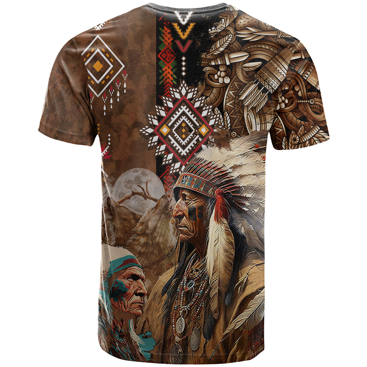 Native American Chiefs Headdress Warrior With Eagle Wolves T-Shirt Graphic Tee