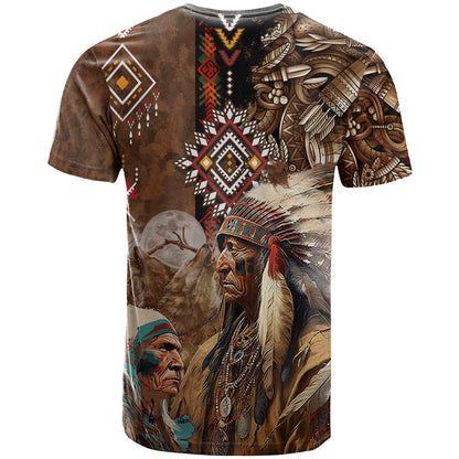 Native American Chiefs Headdress Warrior With Eagle Wolves T-Shirt Graphic Tee