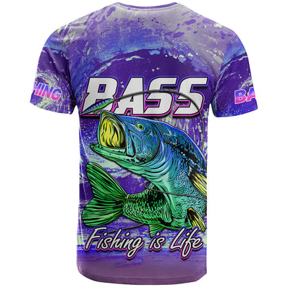 Fishing T-Shirt Bass Fishing is Life Hook Sport Largemouth Purple Graphic Tee