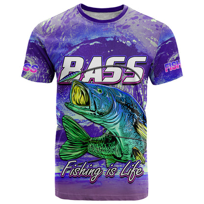 Fishing T-Shirt Bass Fishing is Life Hook Sport Largemouth Purple Graphic Tee