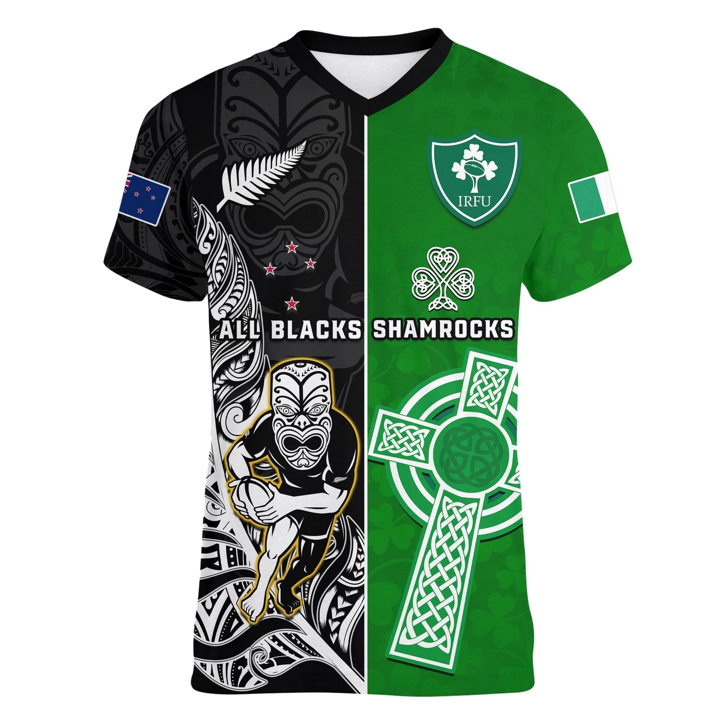 Custom New Zealand And Ireland Rugby V Neck T-Shirt All Black Maori Mix Shamrocks Graphic Tee