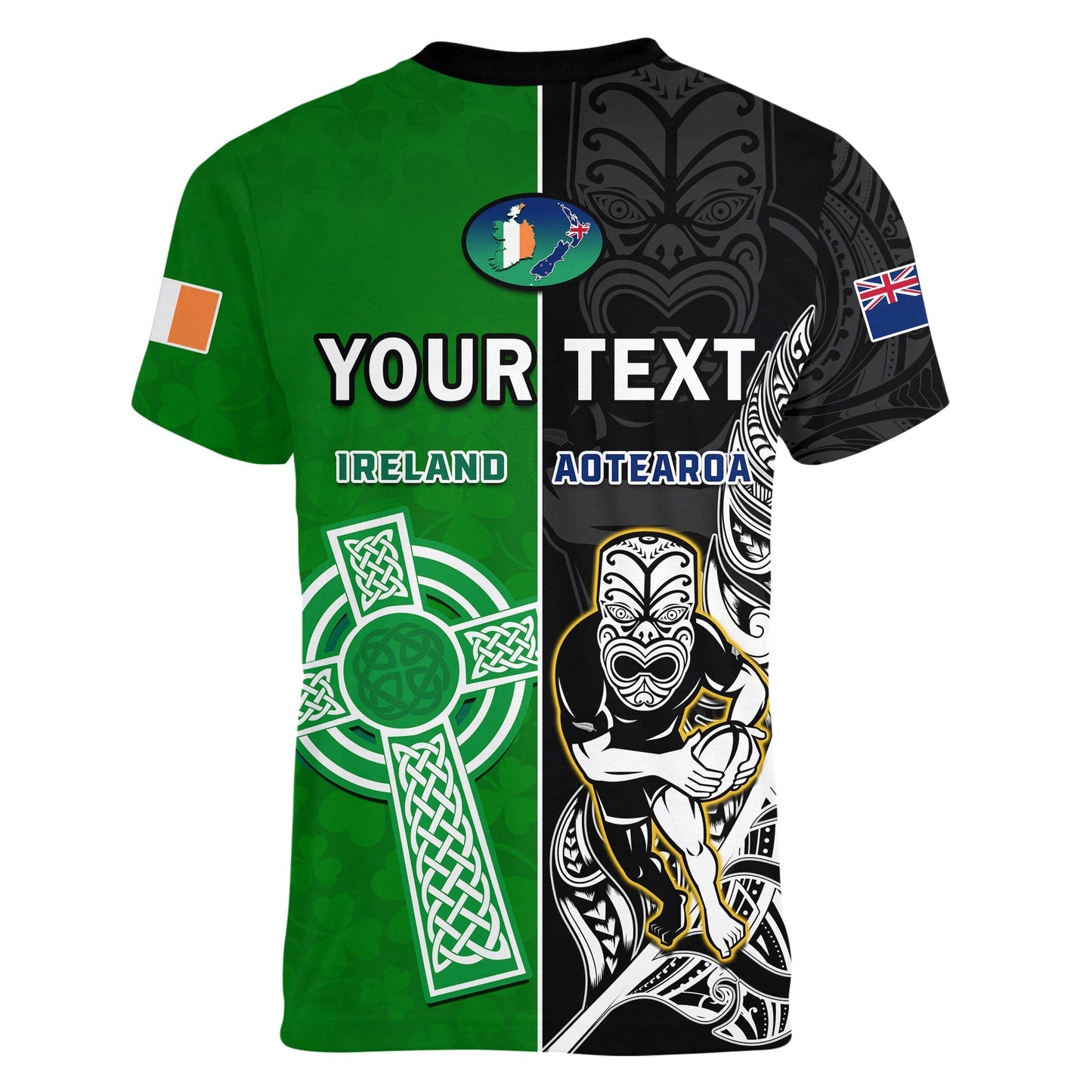 Custom New Zealand And Ireland Rugby V Neck T-Shirt All Black Maori Mix Shamrocks Graphic Tee