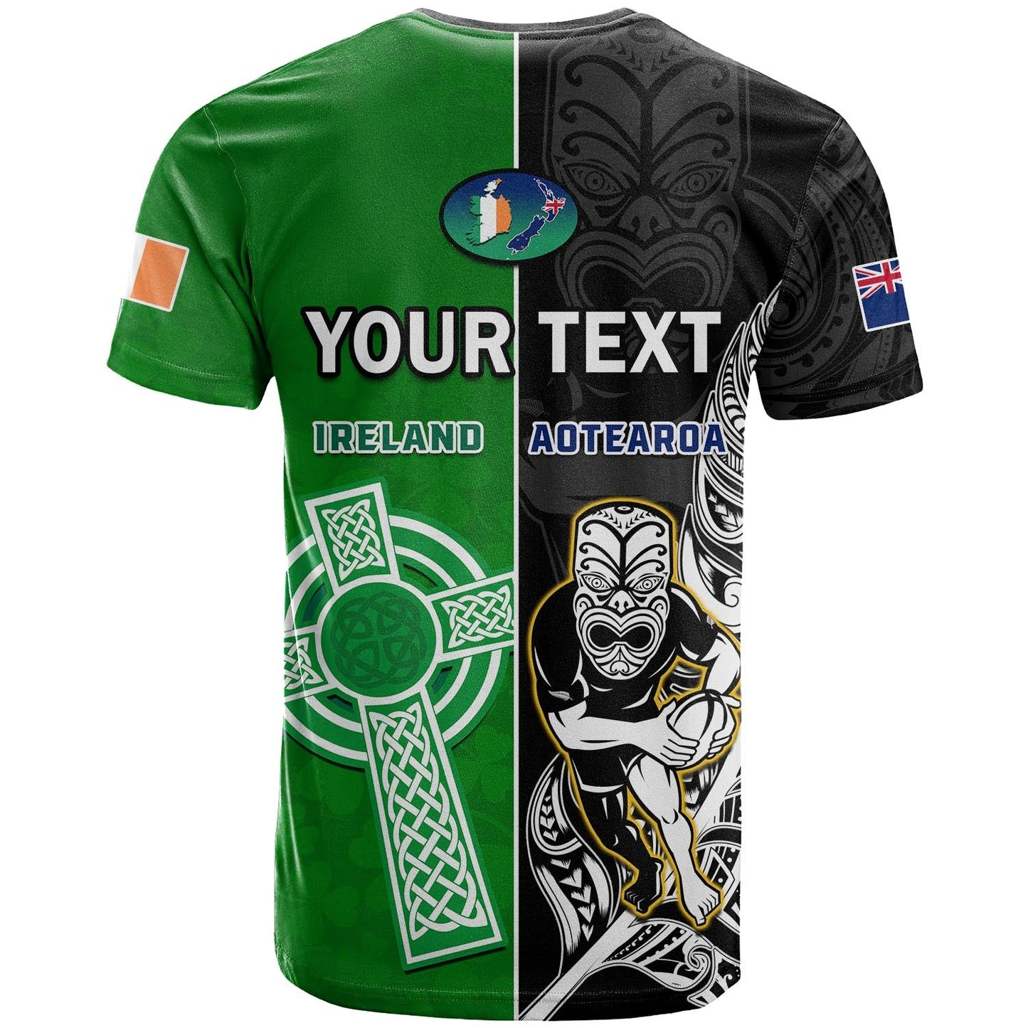Custom New Zealand And Ireland Rugby T-Shirt All Black Maori Mix Shamrocks Graphic Tee