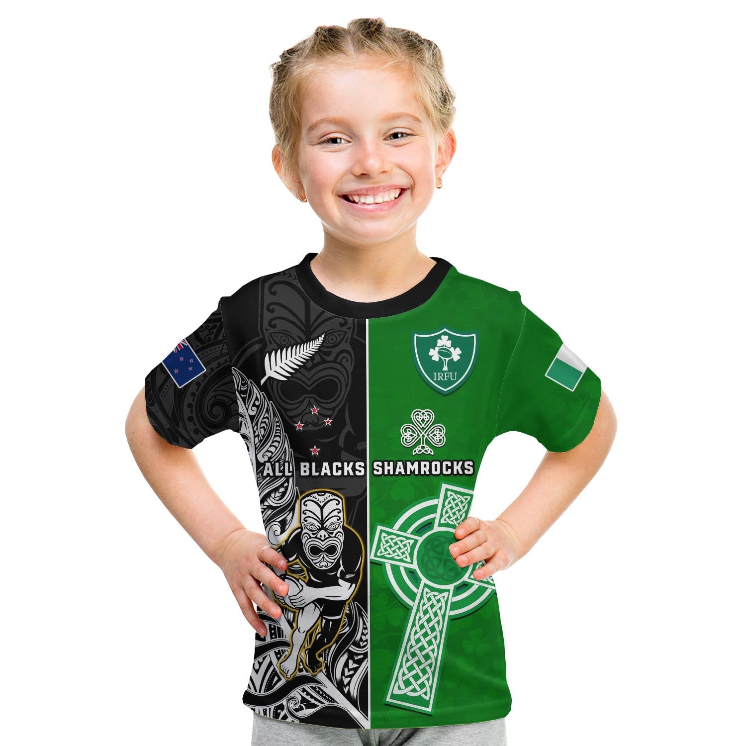 Custom New Zealand And Ireland Rugby T-Shirt All Black Maori Mix Shamrocks Graphic Tee