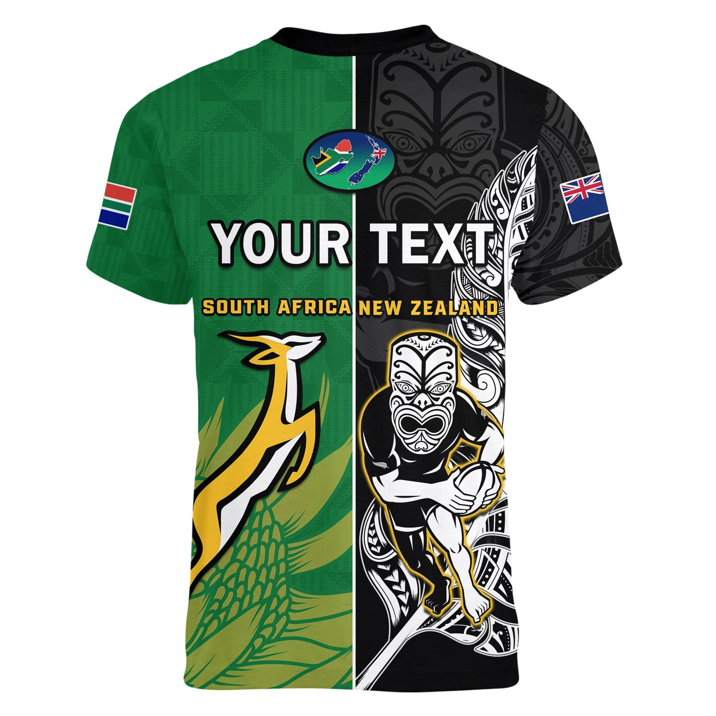 Custom New Zealand And South Africa Rugby V Neck T-Shirt All Black Maori Mix Springboks Graphic Tee