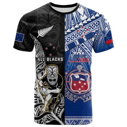Custom All Black And Toa Samoa Rugby T-Shirt NZ Maori Fern Mix Polynesian Graphic Tee