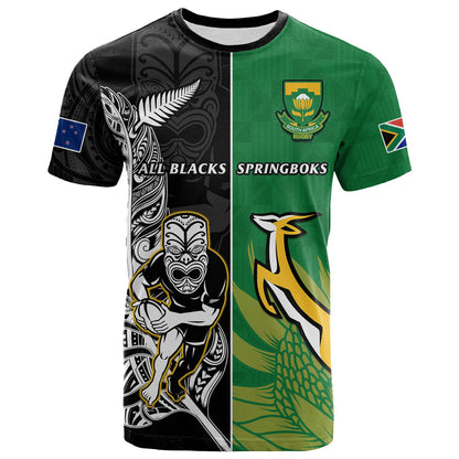 Custom New Zealand And South Africa Rugby T-Shirt All Black Maori Mix Springboks Graphic Tee
