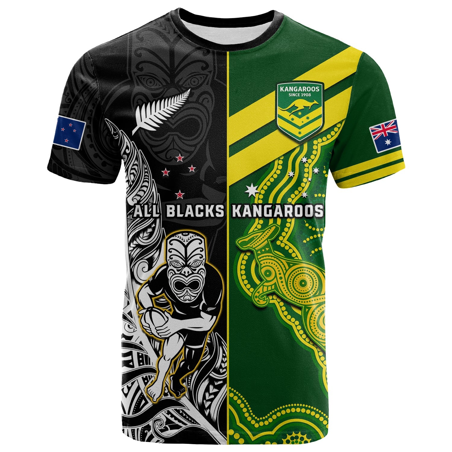 Custom Australia Kangaroos And All Black Rugby T-Shirt Aboriginal Mix NZ Maori Fern Graphic Tee