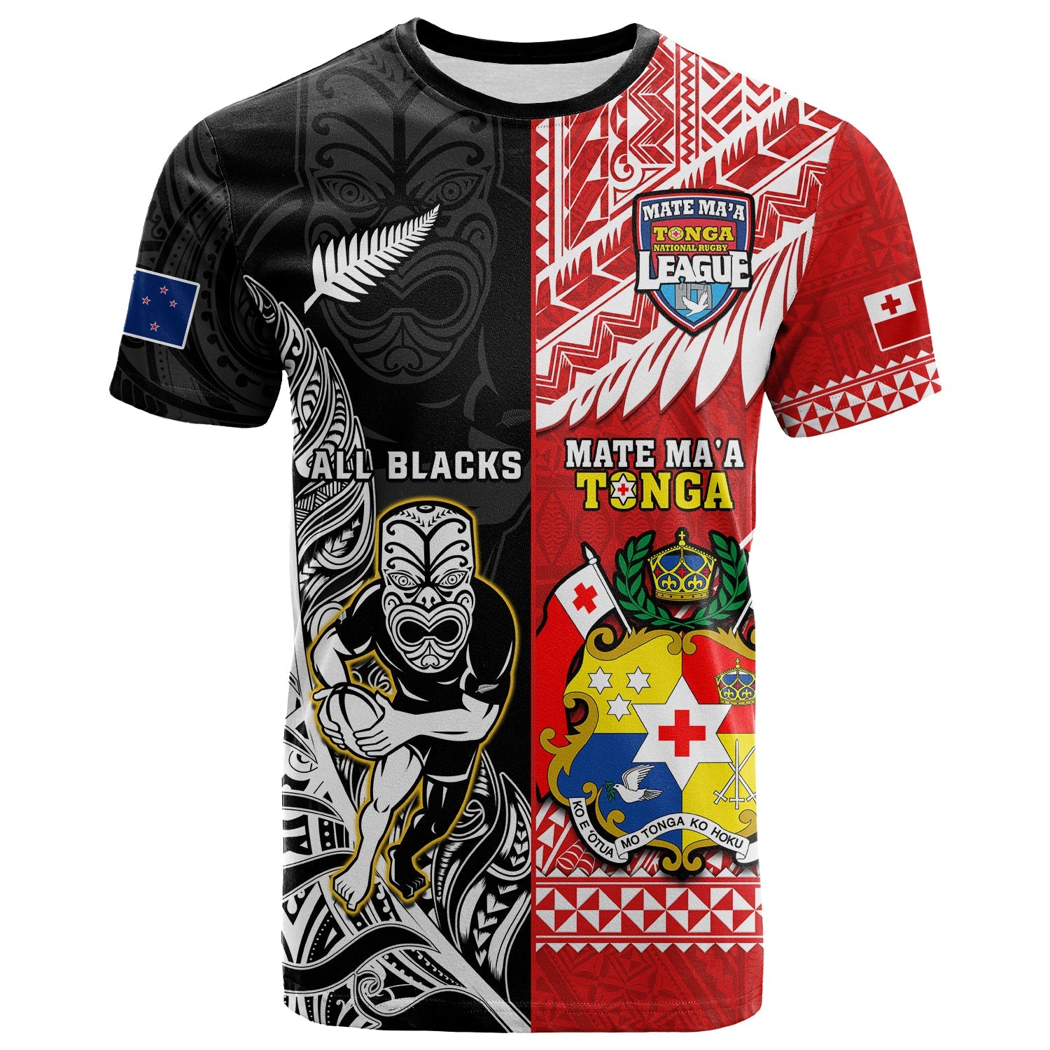 Custom Mate MaA Tonga And All Black Rugby T-Shirt Polynesian Mix NZ Maori Fern Graphic Tee