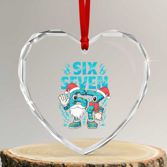 67 Meme Christmas Heart Ornament - Funny Italian Six Seven Brainrot, Crystal Glass Holiday Decor - Transparent Glass - 3'' Heart