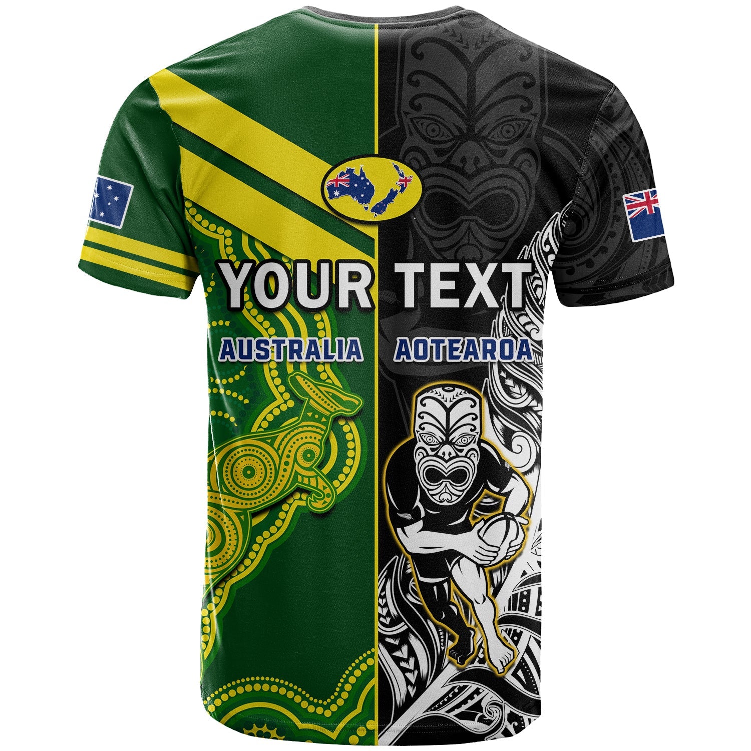 Custom Australia Kangaroos And All Black Rugby T-Shirt Aboriginal Mix NZ Maori Fern Graphic Tee