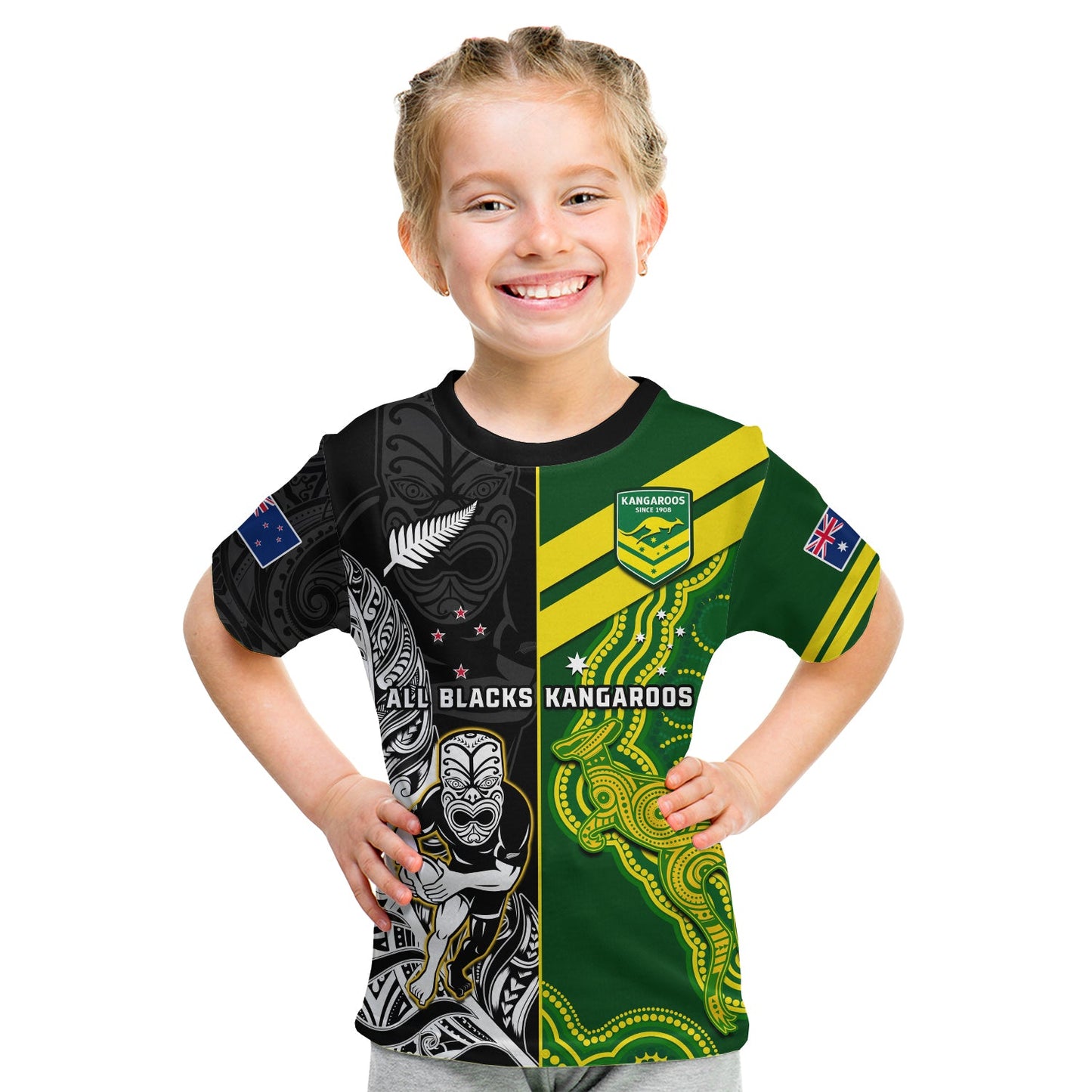 Custom Australia Kangaroos And All Black Rugby T-Shirt Aboriginal Mix NZ Maori Fern Graphic Tee
