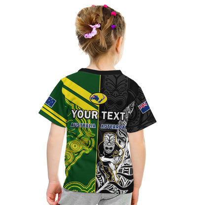 Custom Australia Kangaroos And All Black Rugby T-Shirt Aboriginal Mix NZ Maori Fern Graphic Tee