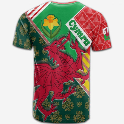 Celtic Wales T-Shirt Cymru Dragon and Daffodils Graphic Tee