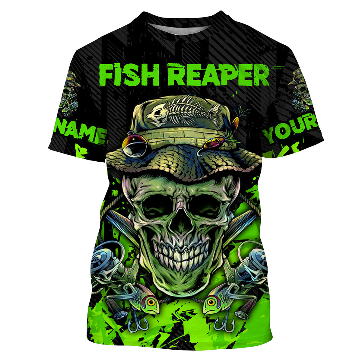 Fish Reaper Skull Black And Neon Green Custom Fishing Shirts Graphic Tee