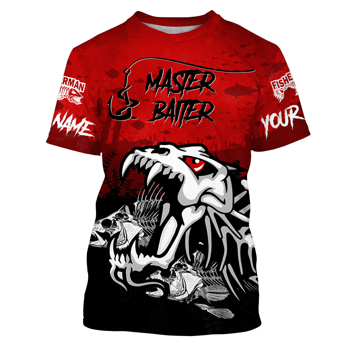 Fish Skeleton Master Baiter Red Custom Fishing Shirts Performance Fishing Shirts Graphic Tee