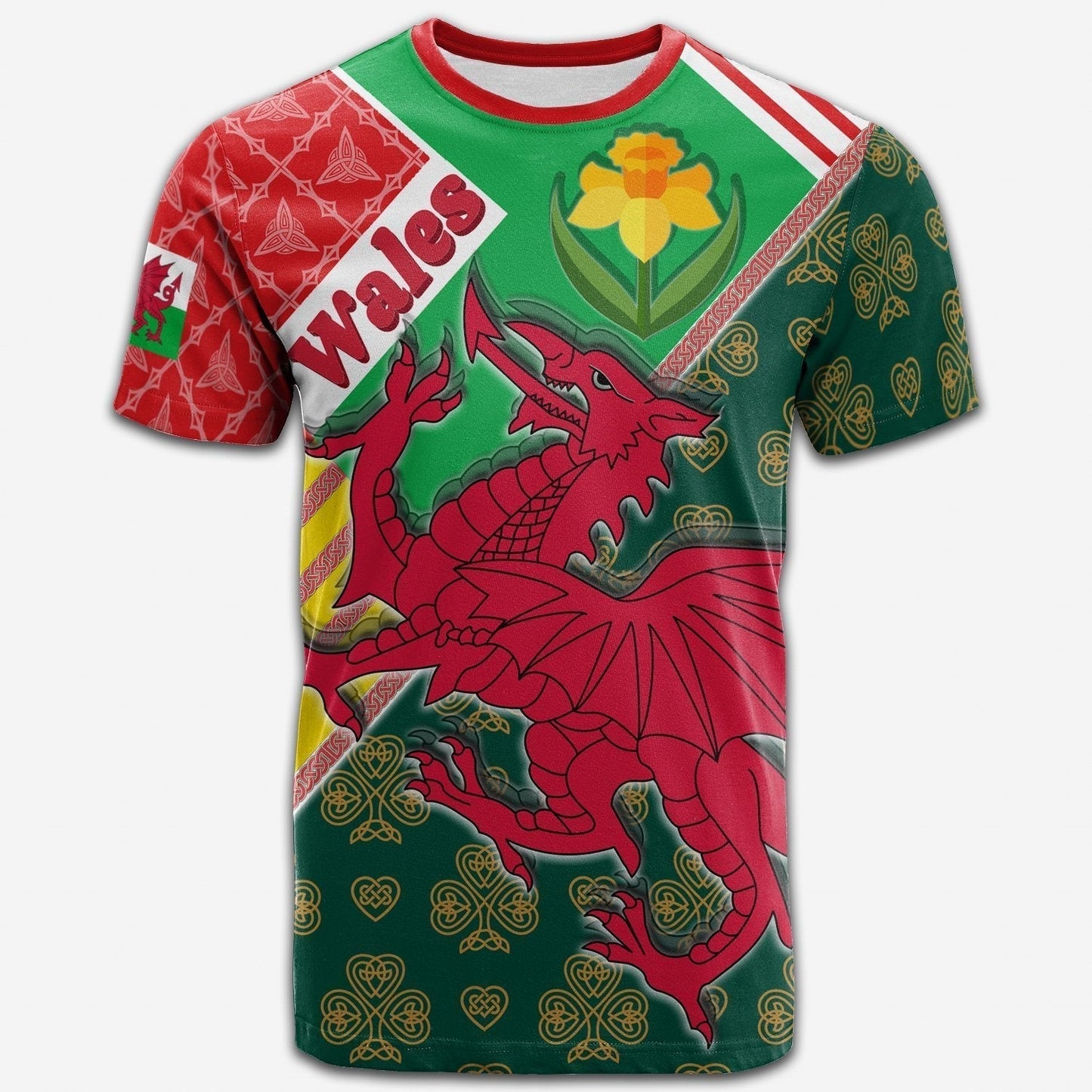 Celtic Wales T-Shirt Cymru Dragon and Daffodils Graphic Tee