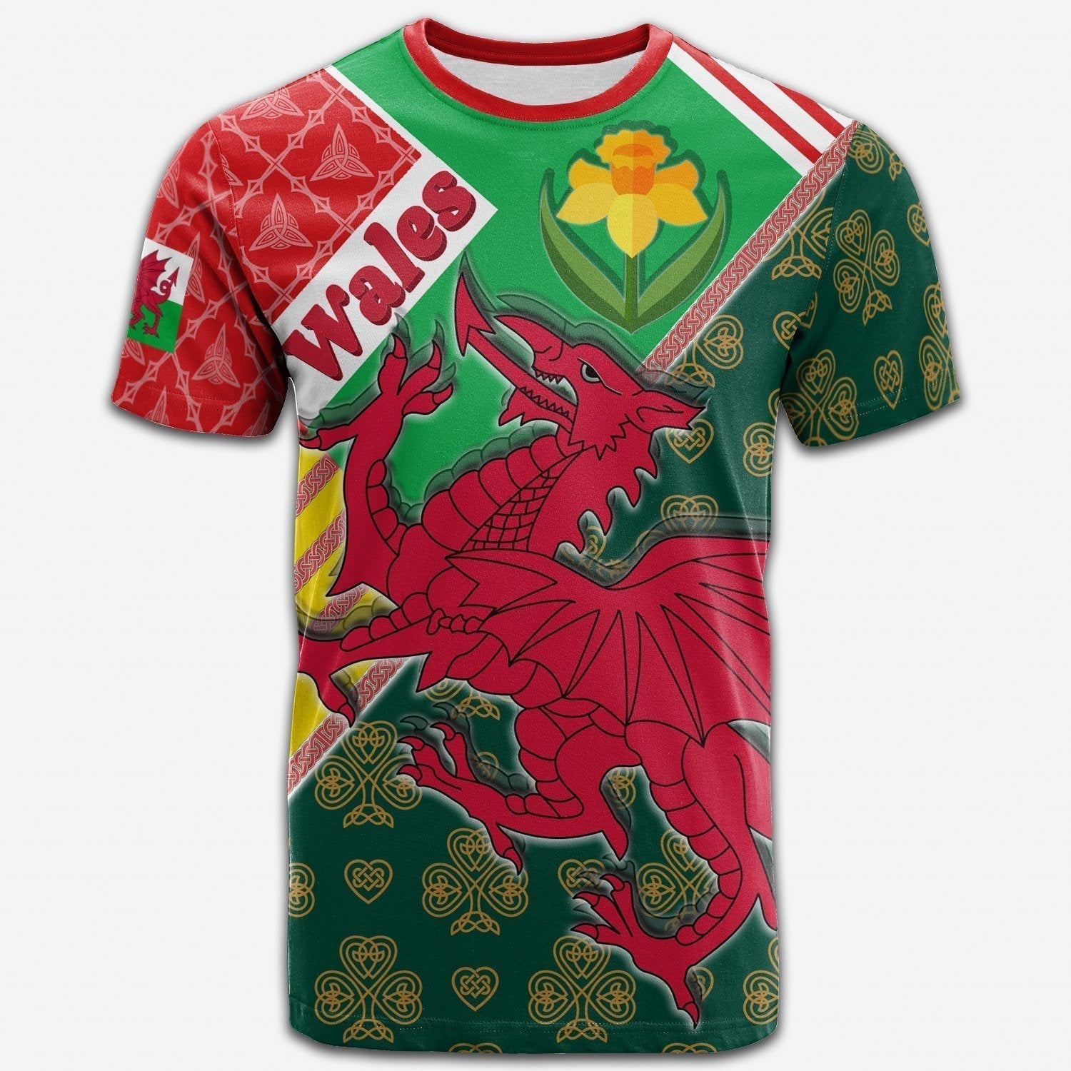Celtic Wales T-Shirt Cymru Dragon and Daffodils Graphic Tee