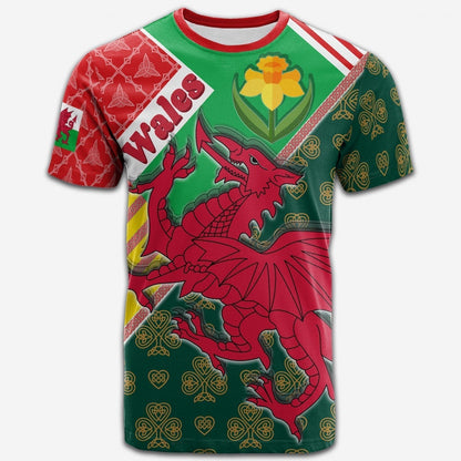 Celtic Wales T-Shirt Cymru Dragon and Daffodils Graphic Tee