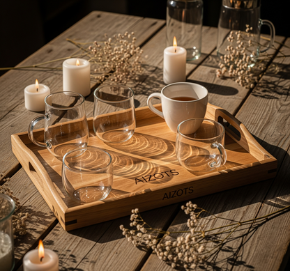 Aizots Vintage Wooden Serving Tray – Rustic Handcrafted Table Decor with Handles
