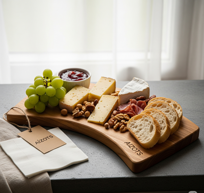 Aizots Curved Acacia Serving Board – Artisan Wood Cheese & Charcuterie Platter (Medium)