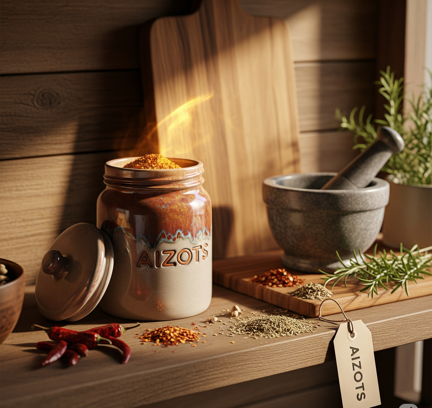 Aizots Fire-Glazed Spice Jar – Handcrafted Terracotta Jar with Lid for Hot Spices & Herbs