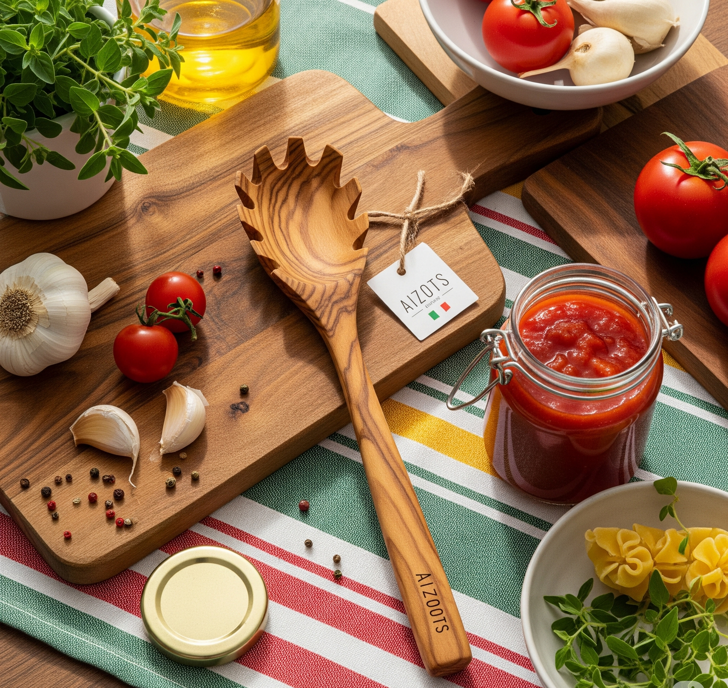 Aizots Olive Wood Pasta Server – Hand-Carved Italian Kitchen Utensil for Serving Spaghetti