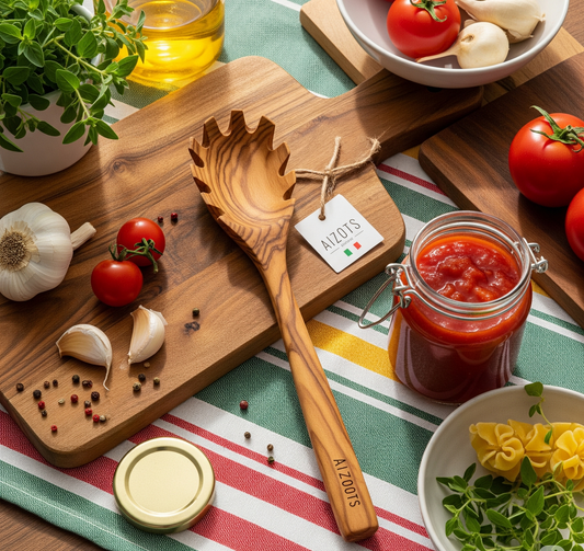 Aizots Olive Wood Pasta Server – Hand-Carved Italian Kitchen Utensil for Serving Spaghetti