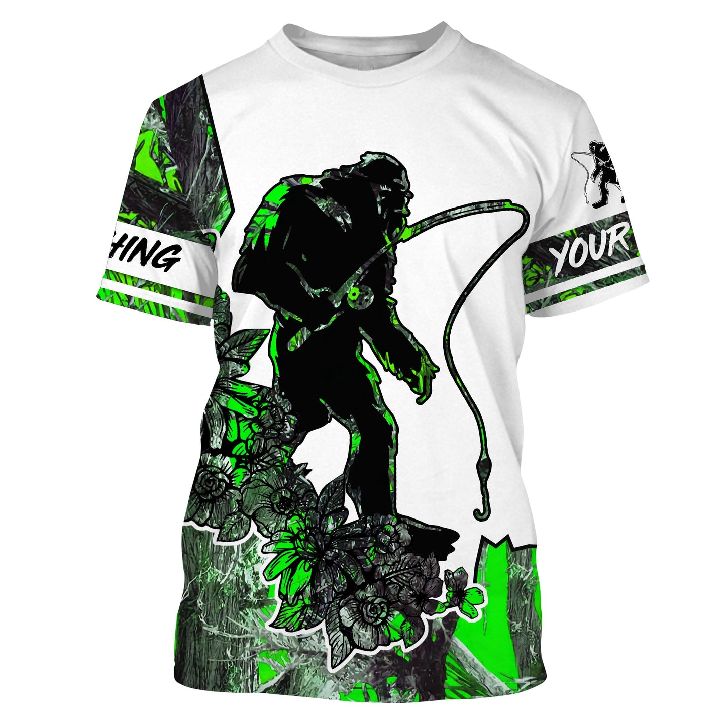 Custom BigfooT-Shirt Bigfoot Fishing Sasquatch And Fishing Rod Sun Protection Shirt Green Graphic Tee