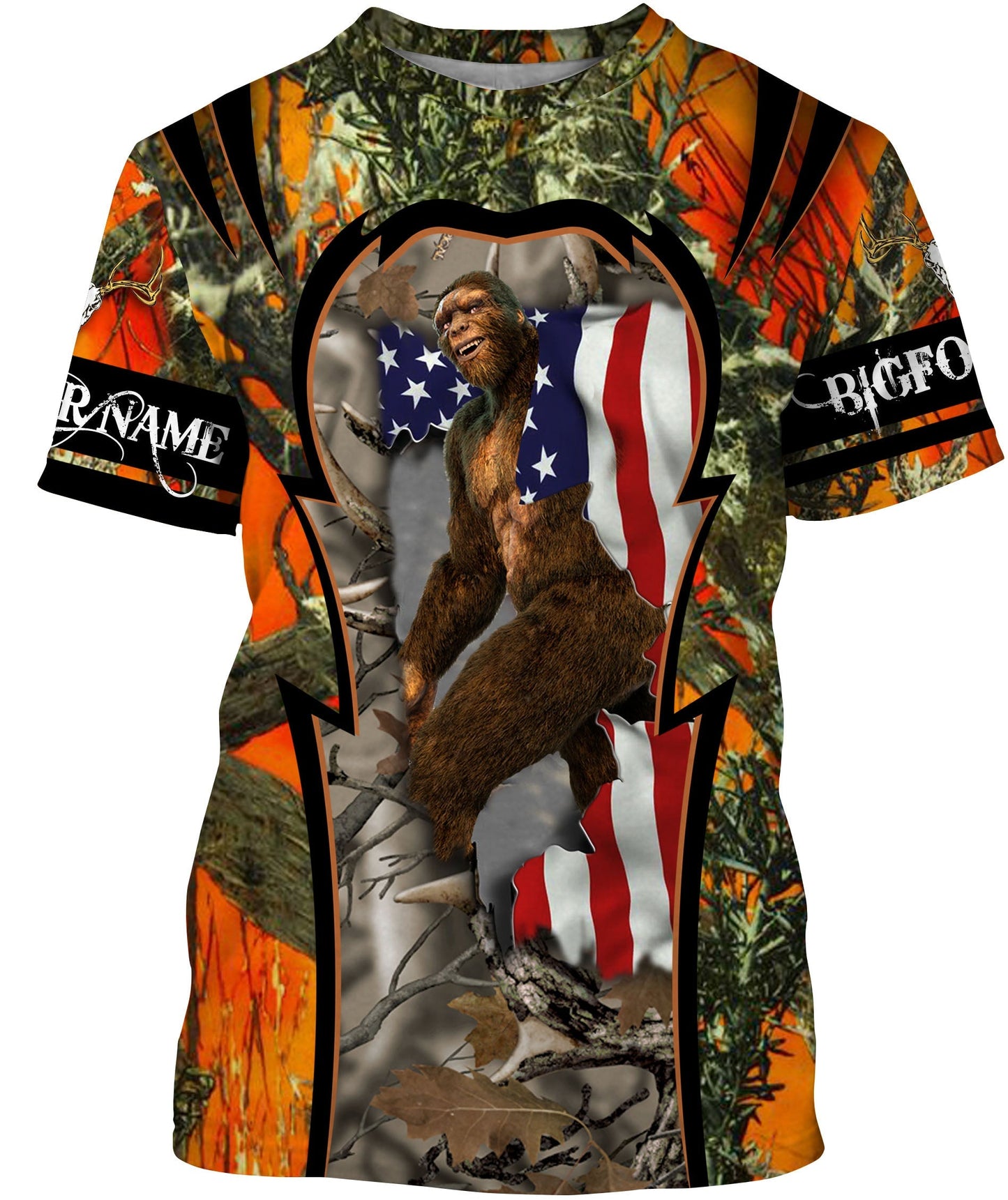 Bigfoot Sasquatch American Flag Customized Orange Camouflage Shirts Sasquatch Custom Name Camping Shirts Graphic Tee