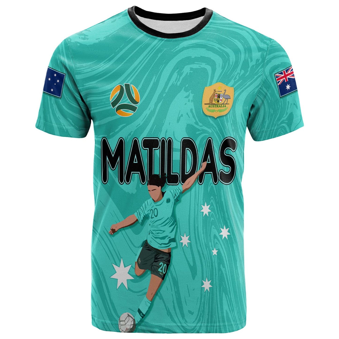 Personalised Aussie Matildas T-Shirt 2024 Sam Kerr World Cup Marble Patterns - Turquoise Graphic Tee