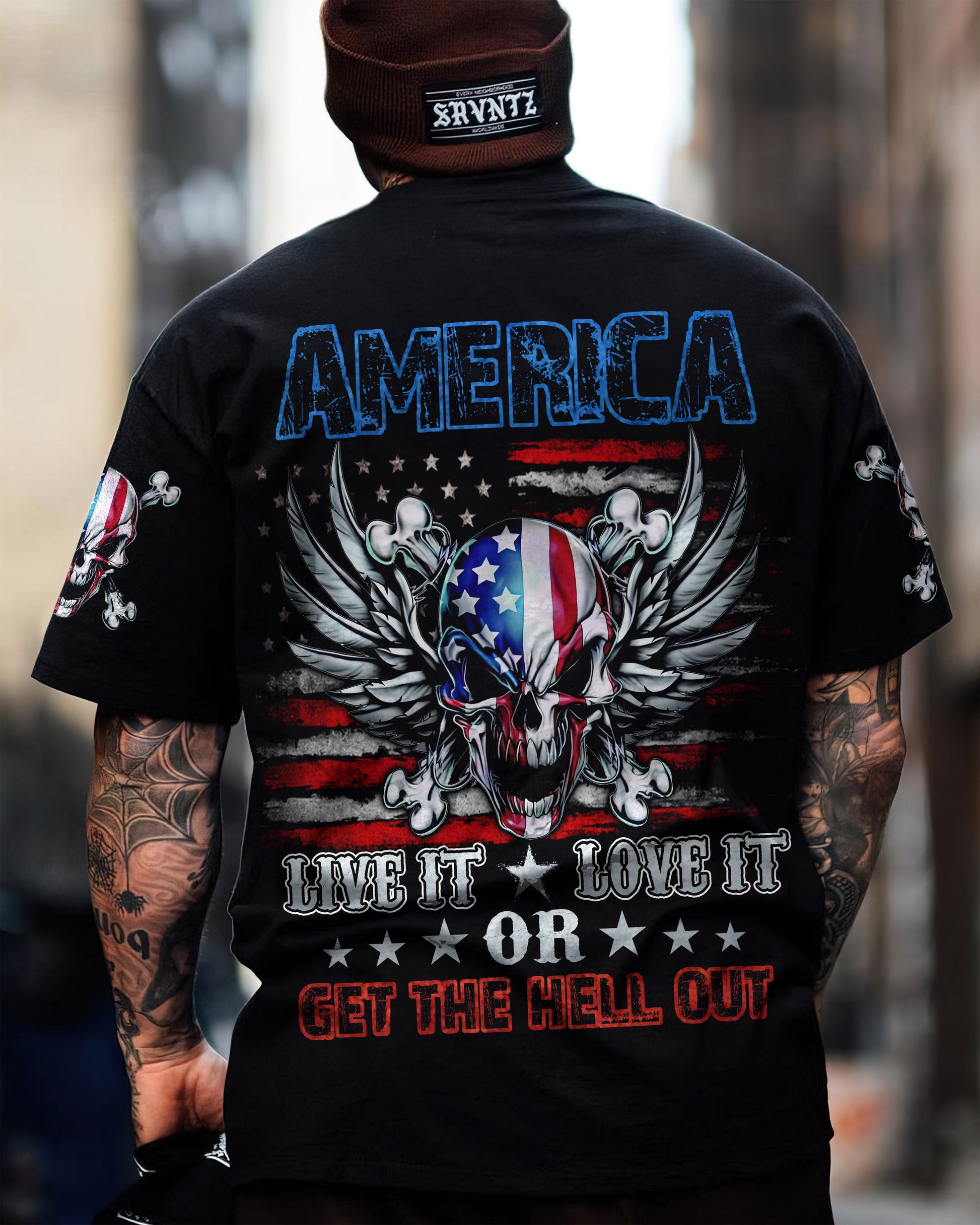 America Live It Love It Wings Skull Mens Patriotic T-Shirt Graphic Tee