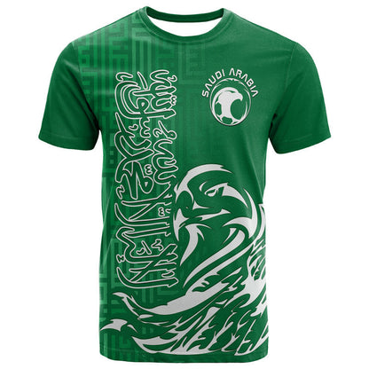 Custom Saudi Arabia Football Falcon Bird And Arabic Text T-Shirt Graphic Tee