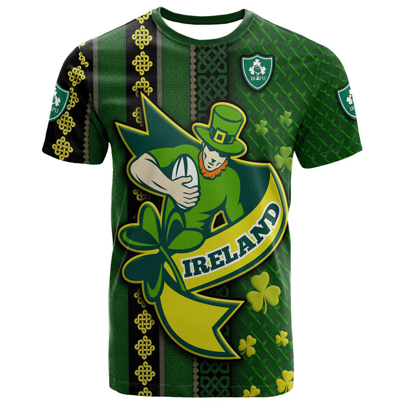 Custom Ireland Celtic Knot Rugby T-Shirt Irish Gold and Green Pattern Graphic Tee