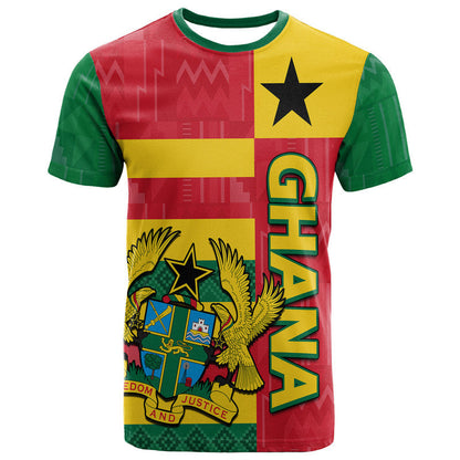 Custom Ghana Football Flag Color Mixed Kente Pattern T-Shirt Graphic Tee