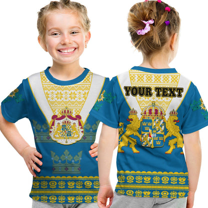 Custom Sweden T-Shirt Swedish Coat Of Arms With Scandinavian Flowers Graphic Tee