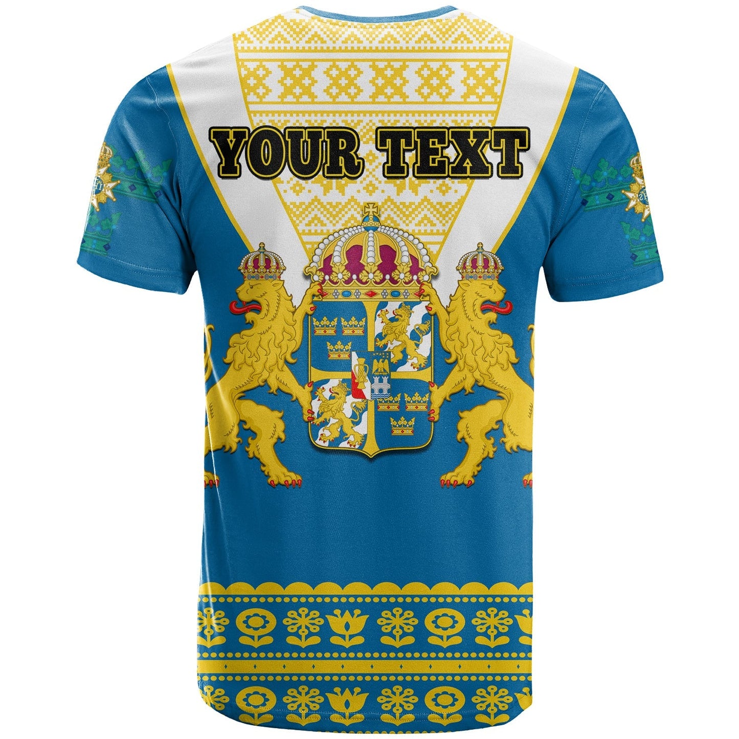 Custom Sweden T-Shirt Swedish Coat Of Arms With Scandinavian Flowers Graphic Tee