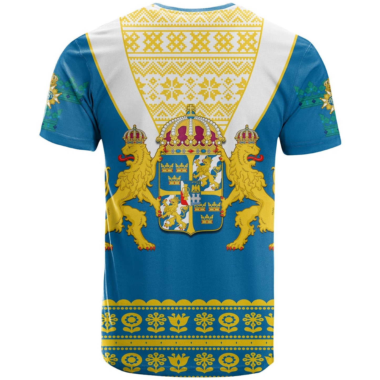 Sweden T-Shirt Swedish Coat Of Arms With Scandinavian Flowers Graphic Tee