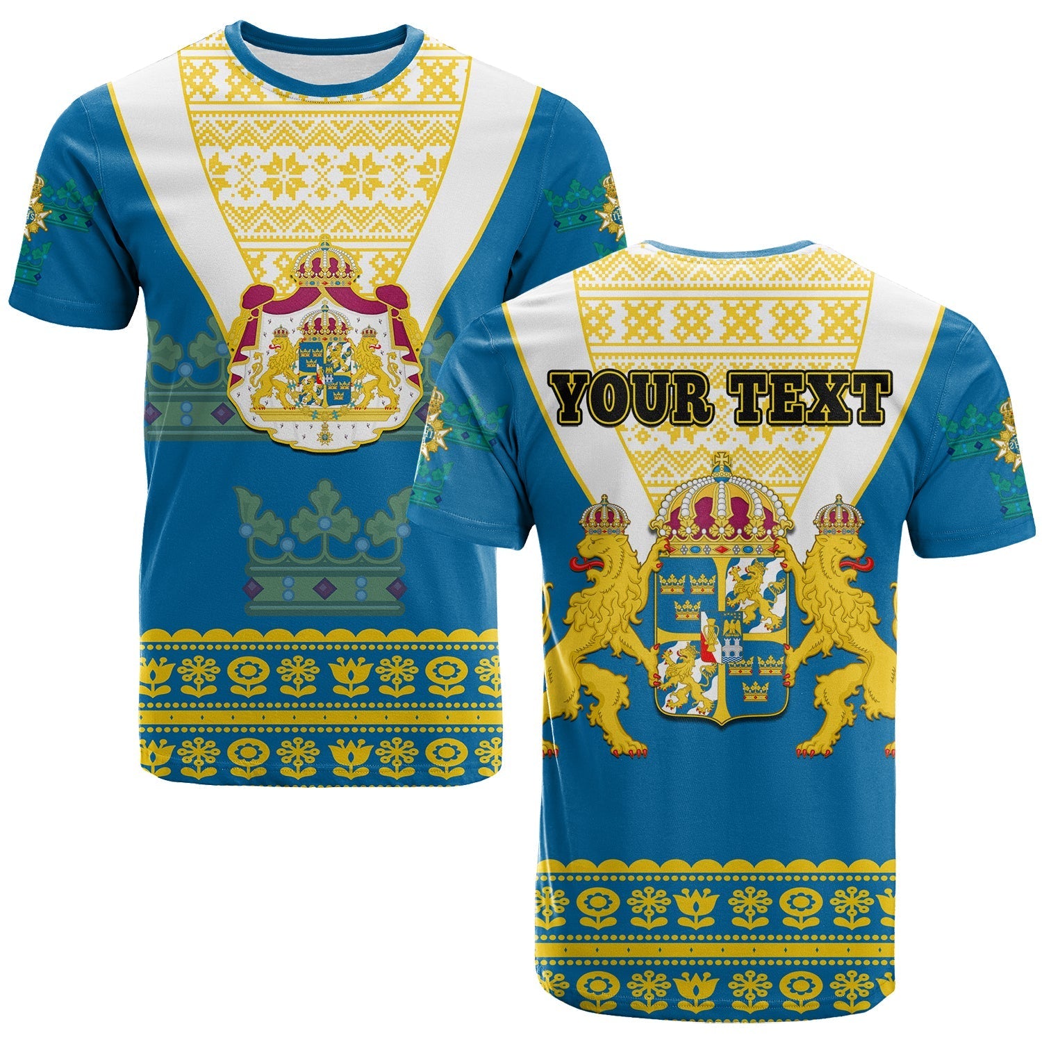 Custom Sweden T-Shirt Swedish Coat Of Arms With Scandinavian Flowers Graphic Tee