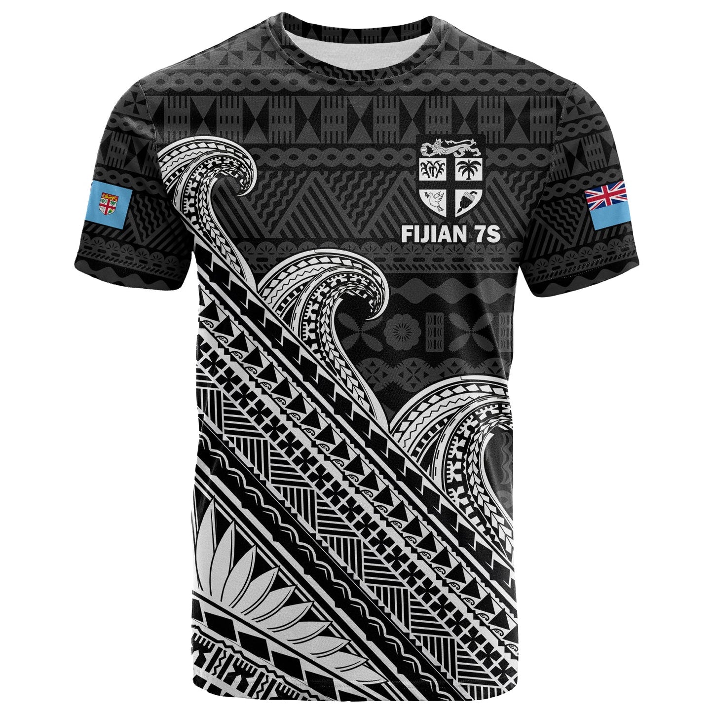 Custom Fiji Sevens Rugby Fijian 7s Black Tapa Polynesian Art T-Shirt Graphic Tee