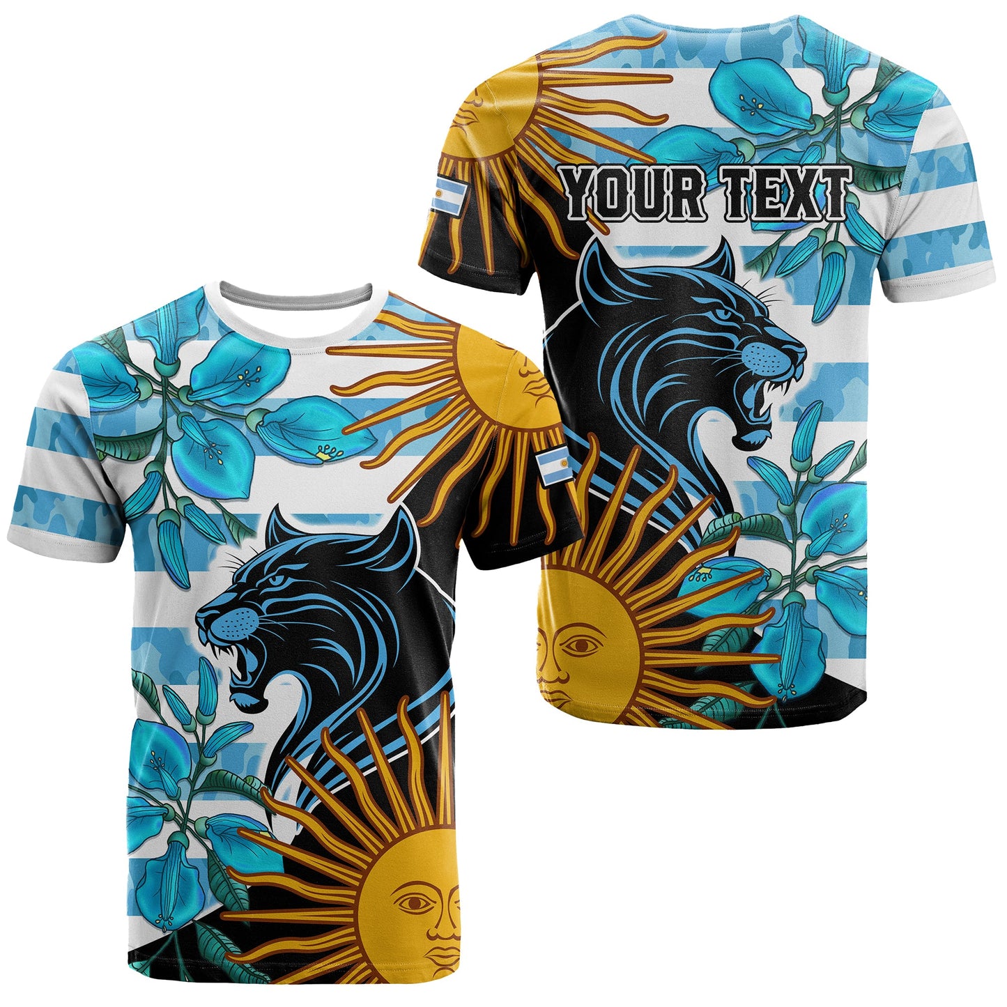 Personalised Argentina Los Pumas Rugby T-Shirt Sol de Mayo Mixed Ceibo Flowers Graphic Tee