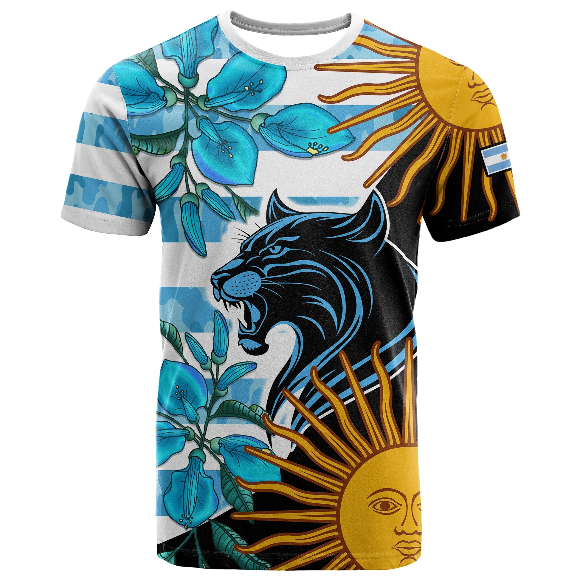 Personalised Argentina Los Pumas Rugby T-Shirt Sol de Mayo Mixed Ceibo Flowers Graphic Tee