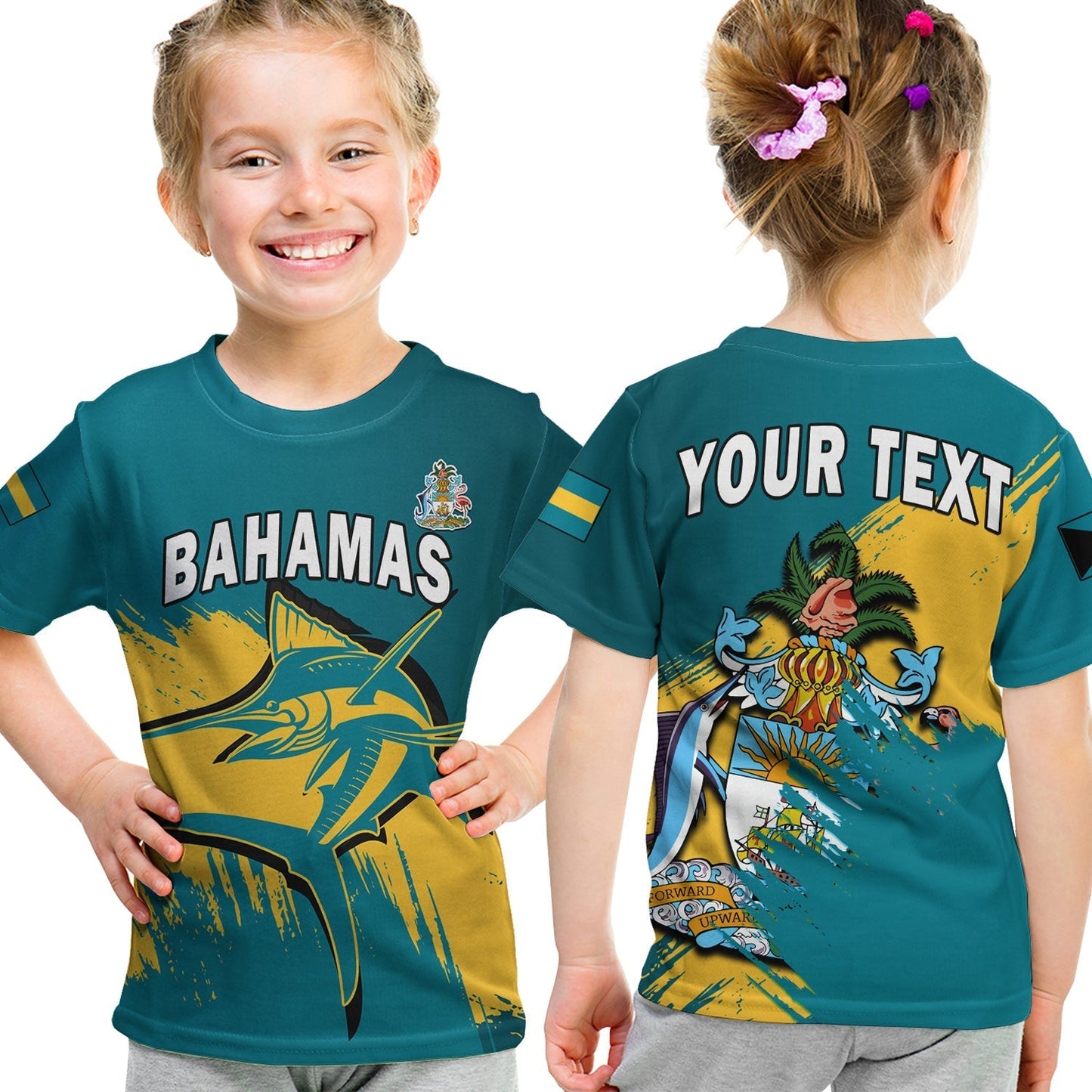 Custom Bahamas T-Shirt Blue Marlin With Bahamian Coat Of Arms Graphic Tee