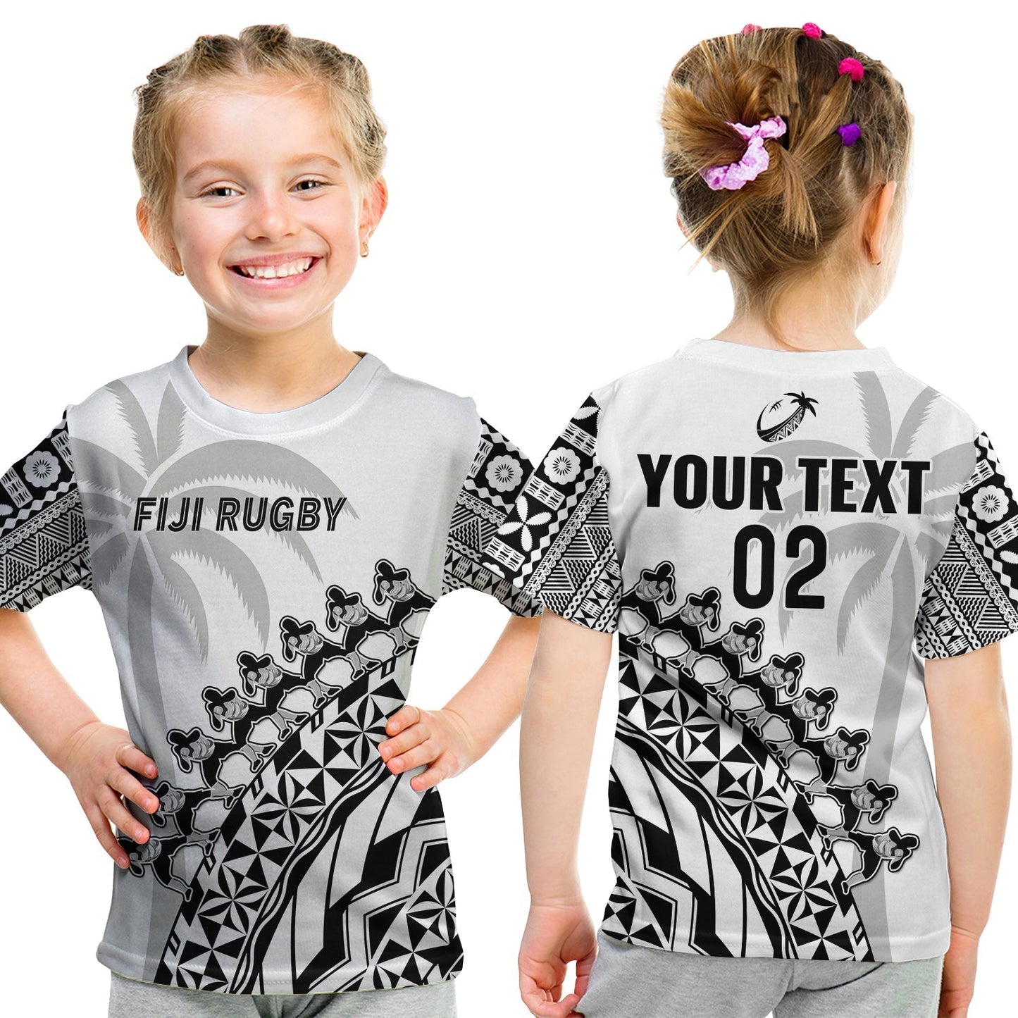 Custom Text And Number Fiji Rugby T-Shirt Fijian Cibi Dance Tapa Pattern White Graphic Tee