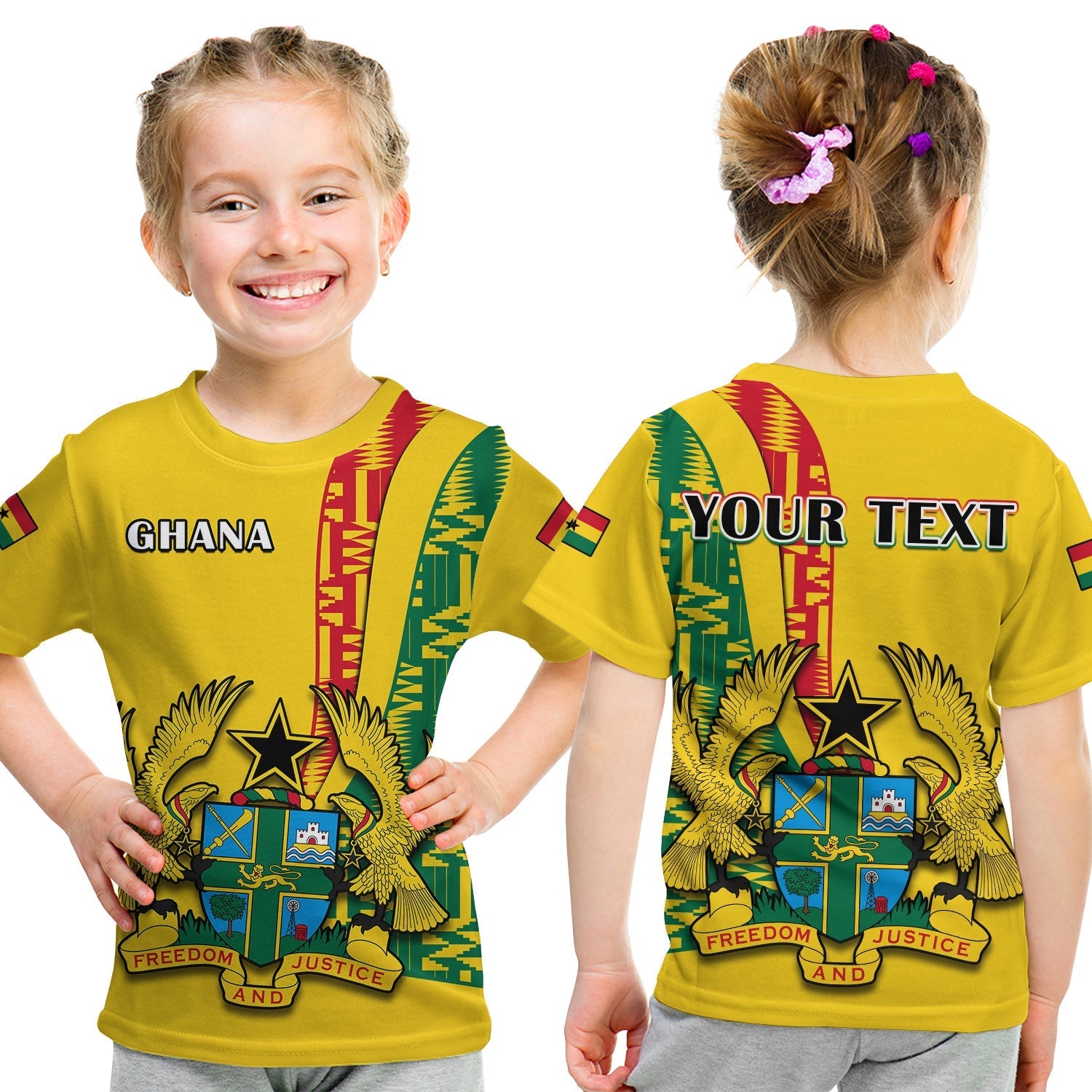 Custom Ghana T-Shirt Ghanan Coat Of Arms Mix Kente Pattern Graphic Tee
